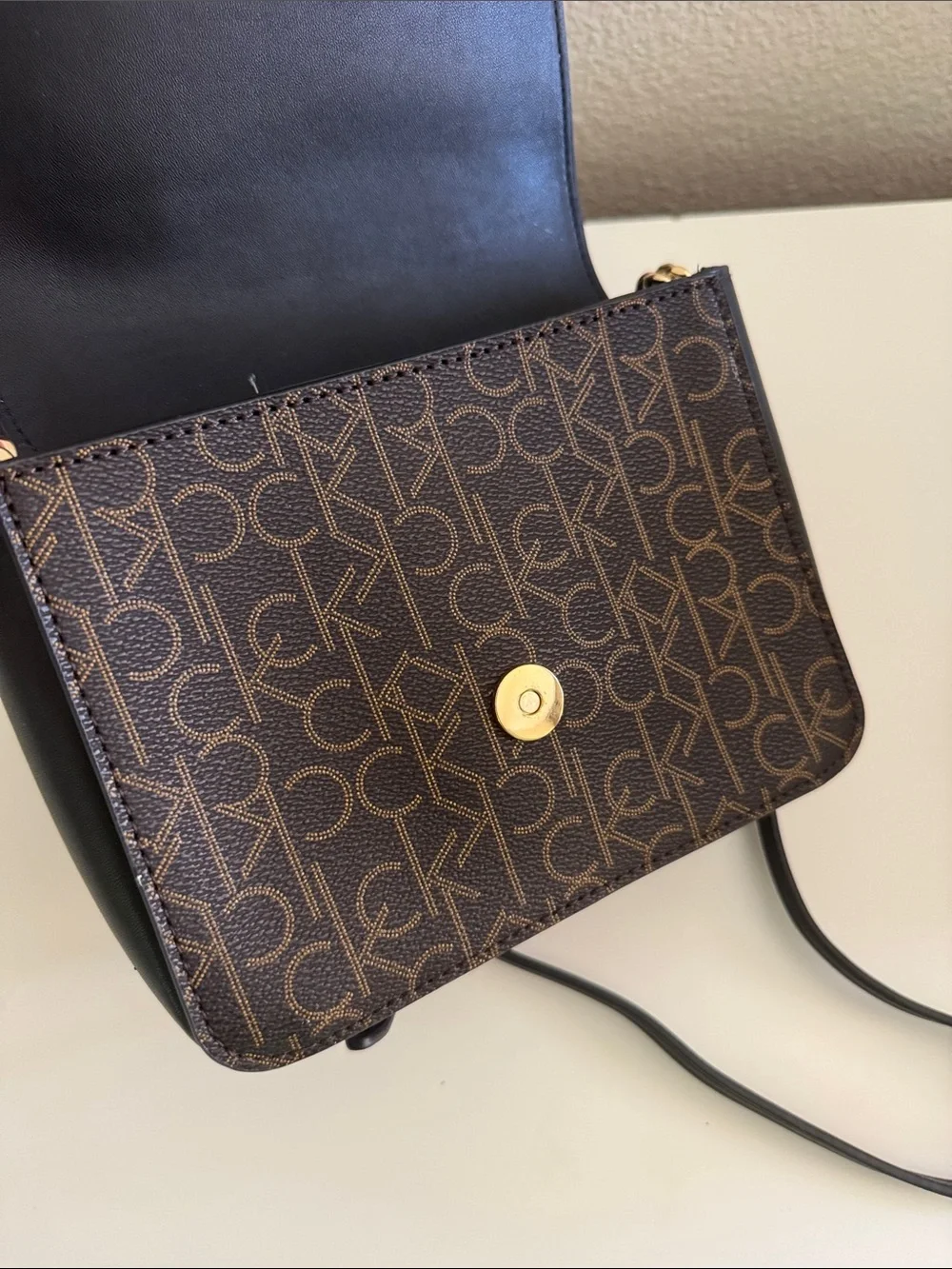 Calvin Klein Black & Brown Logo Flap Crossbody Bag